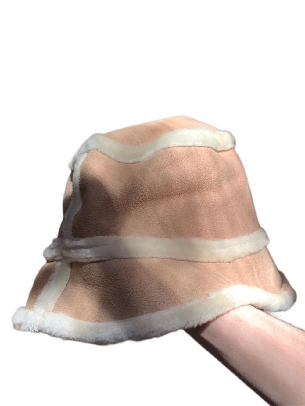 Cream Suede Winter Bucket Hat White Faux Fur Trim Y2K